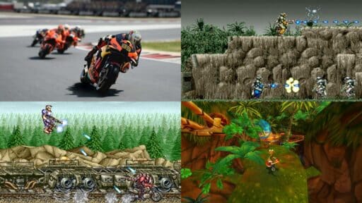 Split image: motorcycle race (top left) and three classic video game scenes with characters and action effects, showcasing the excitement of JioGames Cloud new games.