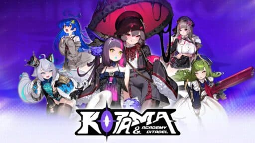 Six anime-style female characters, including Kotama, pose in front of a purple background with the kotama and academy citadel logo displayed below.