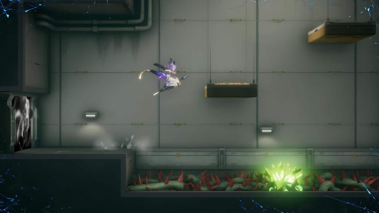 A character with a sword jumps over spikes and glowing green light in the Academy Citadel level of Kotama, a futuristic platform game.