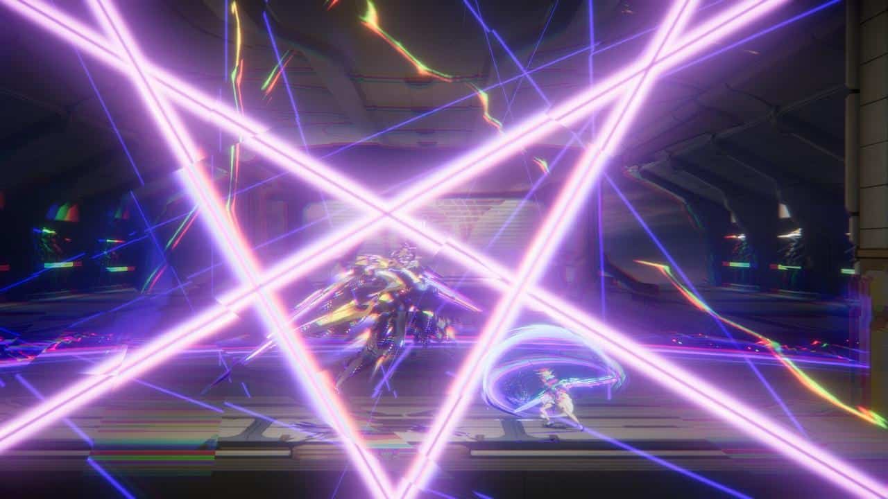 Two futuristic armored figures battle amid glowing purple energy beams in the dark halls of Academy Citadel, their combat echoing through the high-tech environment of Kotama and Academy Citadel .