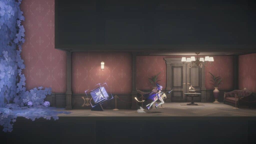 A character with purple hair runs in a stylish, dim hallway lined with red wallpaper and glowing blue crystals, deep within the Academy Citadel of Kotama.