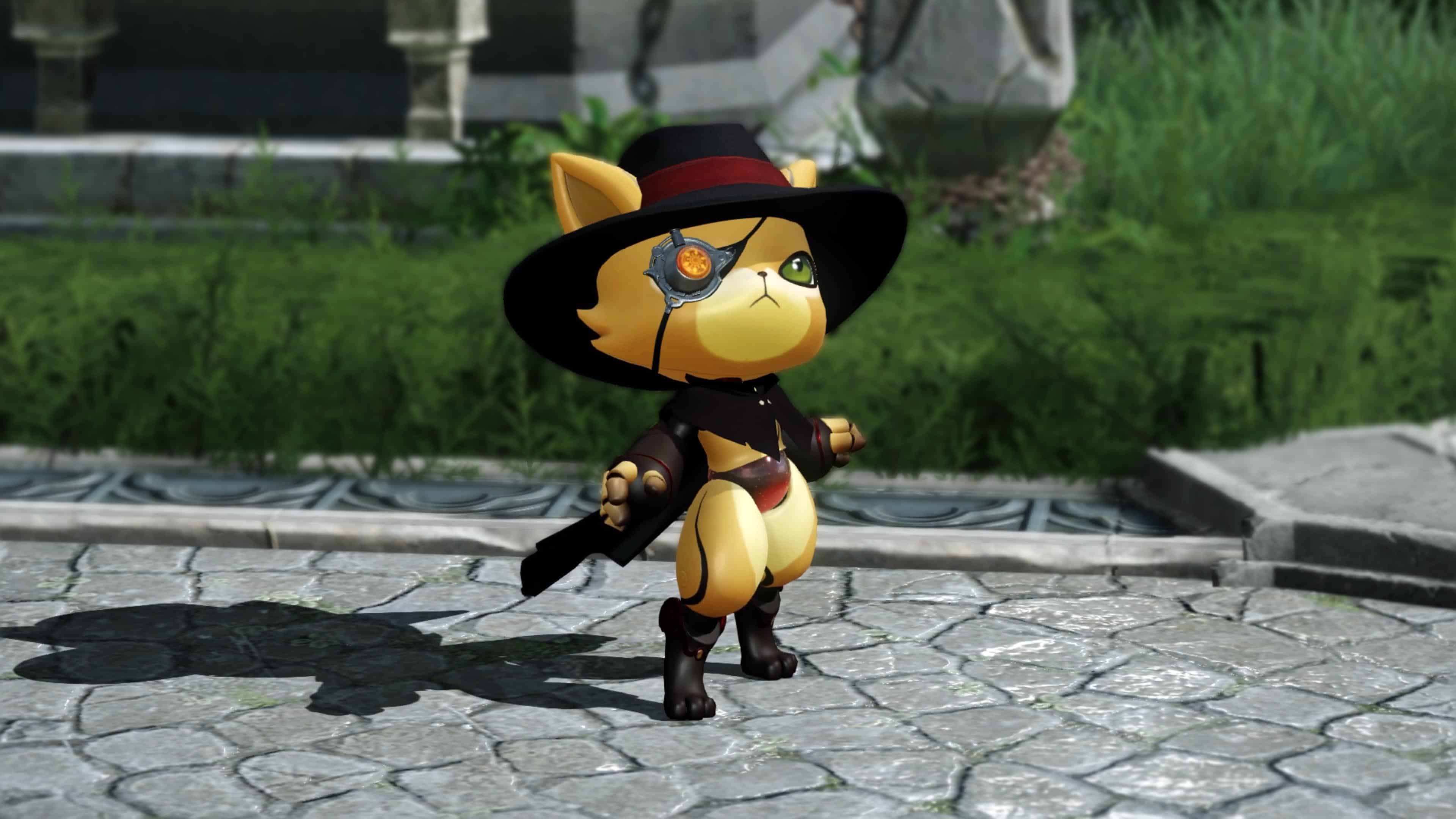 A cute, anthropomorphic cat character wearing a black hat and cloak, with an eyepatch and a menacing expression, standing on a cobblestone path.