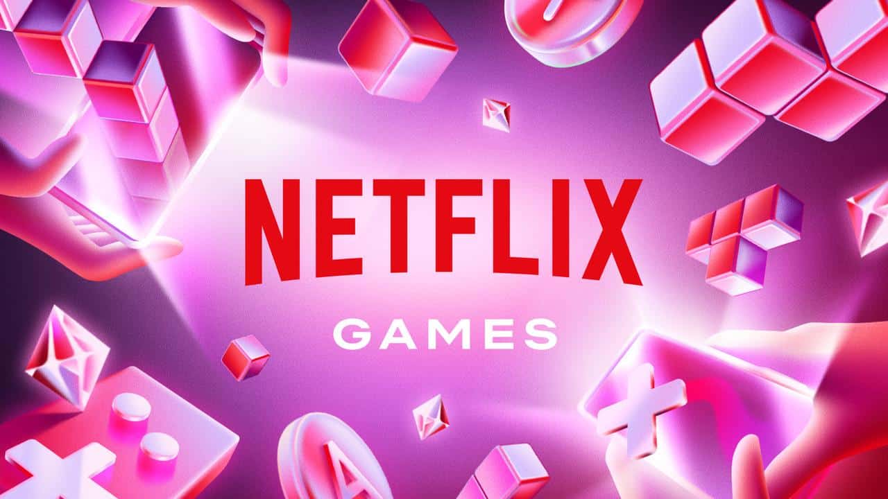 Netflix Games logo with gaming icons, hands holding devices, and colorful game elements on a pink-purple background.