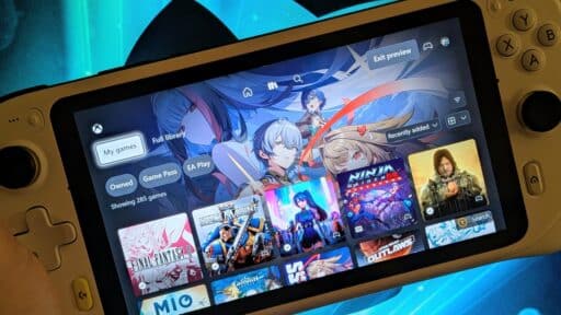 A handheld gaming console displays a game library screen with anime and action game covers.