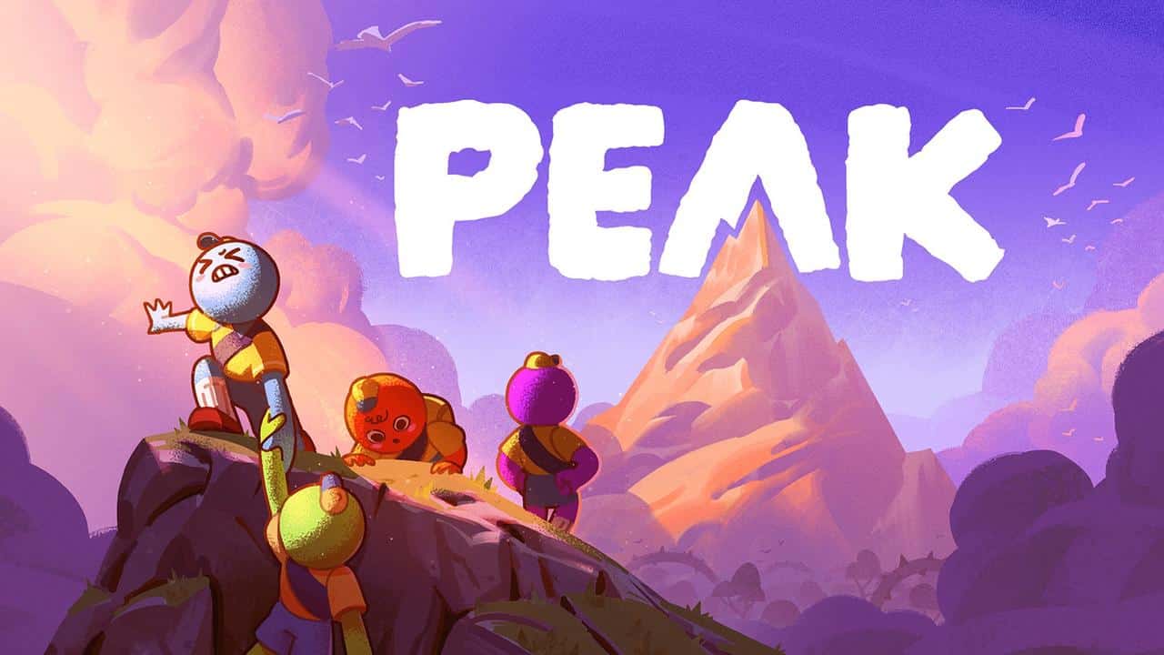 Cartoon characters climb a mountain under a sky with the word "PEAK" in large white letters.