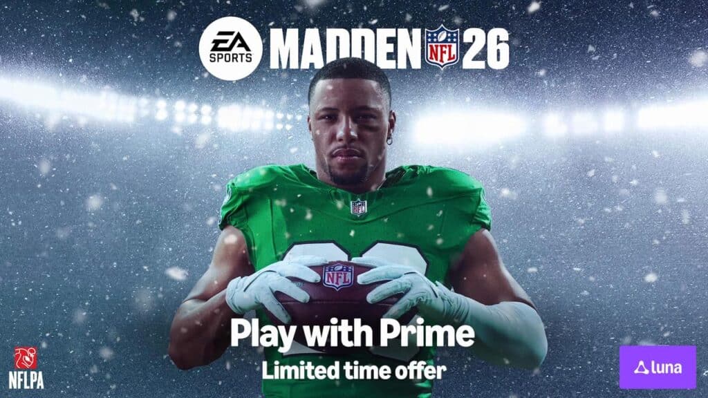 Key art for EA Sports Madden NFL 26 featuring a football player holding a ball, used for Amazon Luna’s January lineup.
