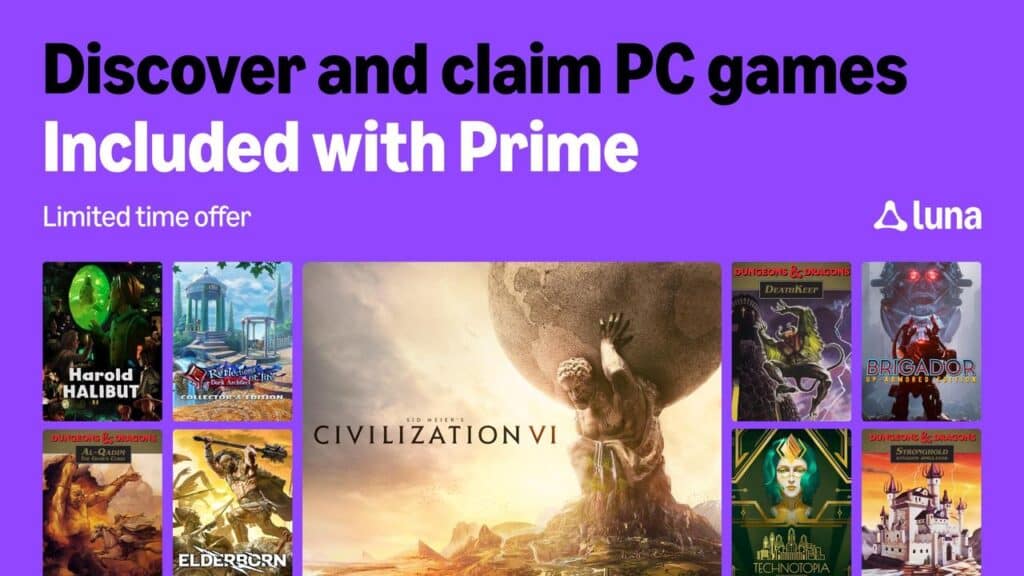 Amazon Prime free PC games lineup for January featuring Civilization VI, Harold Halibut, and other titles.