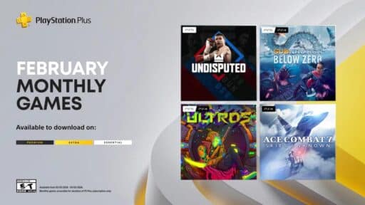 PlayStation Plus February games: Undisputed, Subnautica Below Zero, Outlast, and Ace Combat 7 box art shown.