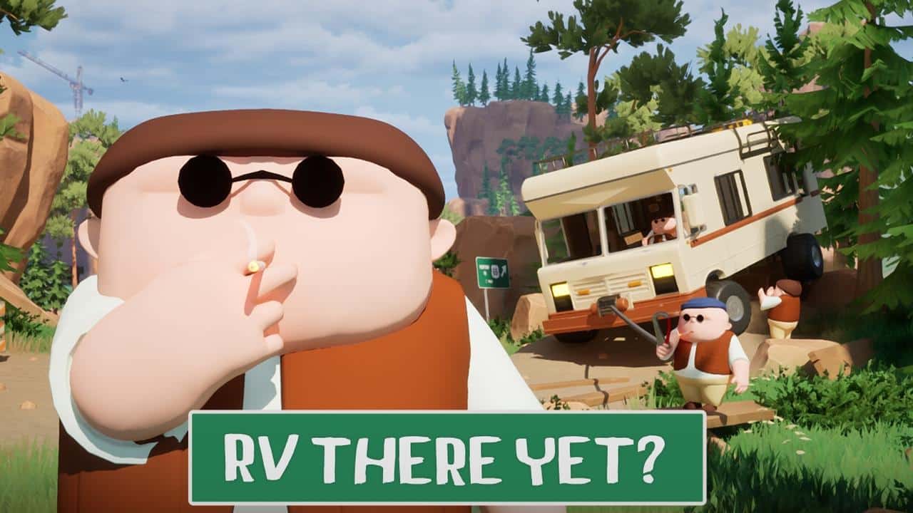 Cartoon character with sunglasses smoking, RV in background, text reads "RV THERE YET?" in foreground.