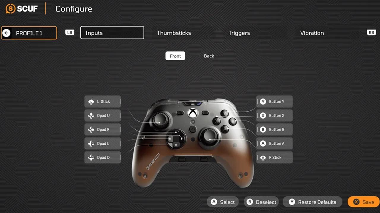 Scuf Valor Pro Wireless companion app showing input mapping and profile configuration