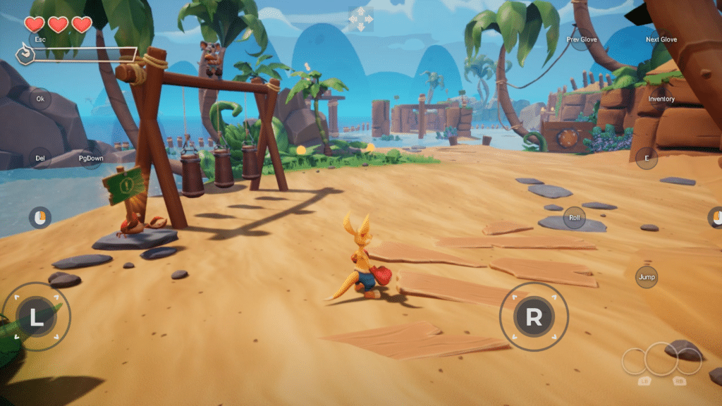 A colorful beach scene from a video game featuring a character that appears to be an anthropomorphic animal next to a swing set, with on-screen game controls displayed.
