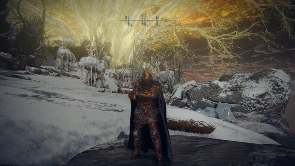 A character in ornate armor standing on a snowy landscape, with a glowing tree in the background.