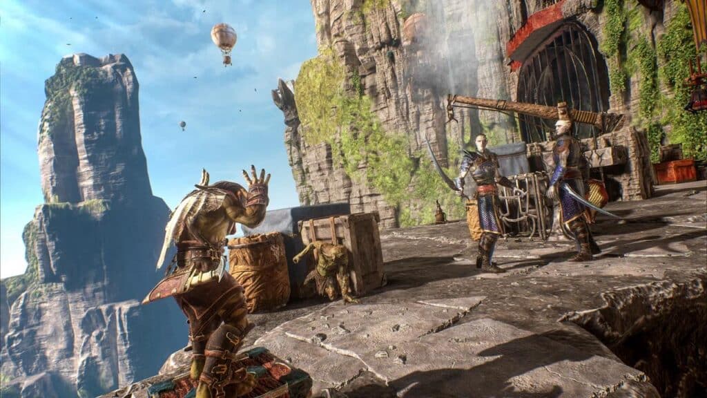 Fantasy characters confront each other on a cliffside with hot air balloons and mountains in the background in Styx: Shards of Darkness.