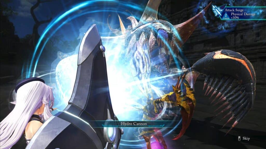A character with white hair blocks a blue energy attack from a large beast in an epic The Legend of Heroes: Trails beyond the Horizon fantasy game battle scene.