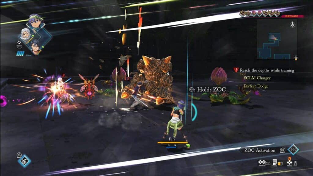 A video game battle scene from The Legend of Heroes: Trails beyond the Horizon, featuring characters fighting fantasy creatures with on-screen action prompts.