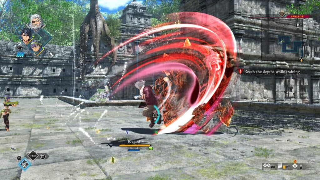 A character attacks a monster with a red energy slash in a stone courtyard, game HUD visible, evoking the dynamic battles of The Legend of Heroes: Trails beyond the Horizon.