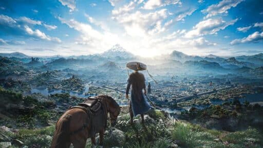 A lone figure with a horse overlooks a vast city and mountains under a bright, cloudy sky, a scene from Where Winds Meet.