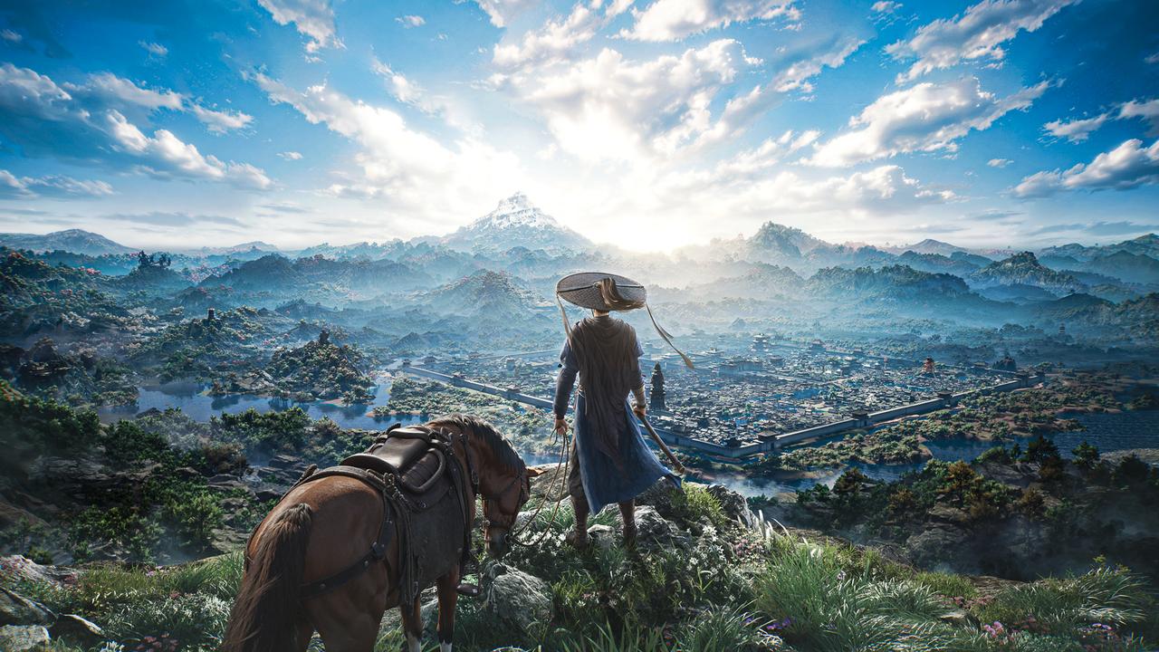 A lone figure with a horse overlooks a vast city and mountains under a bright, cloudy sky, a scene from Where Winds Meet.