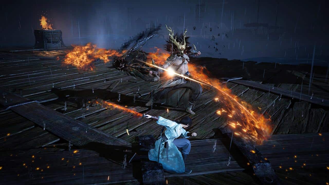 Two warriors with flaming swords clash on a rain-soaked wooden platform at night, their fierce duel illuminated by lightning in the mystical world of Where Winds Meet.