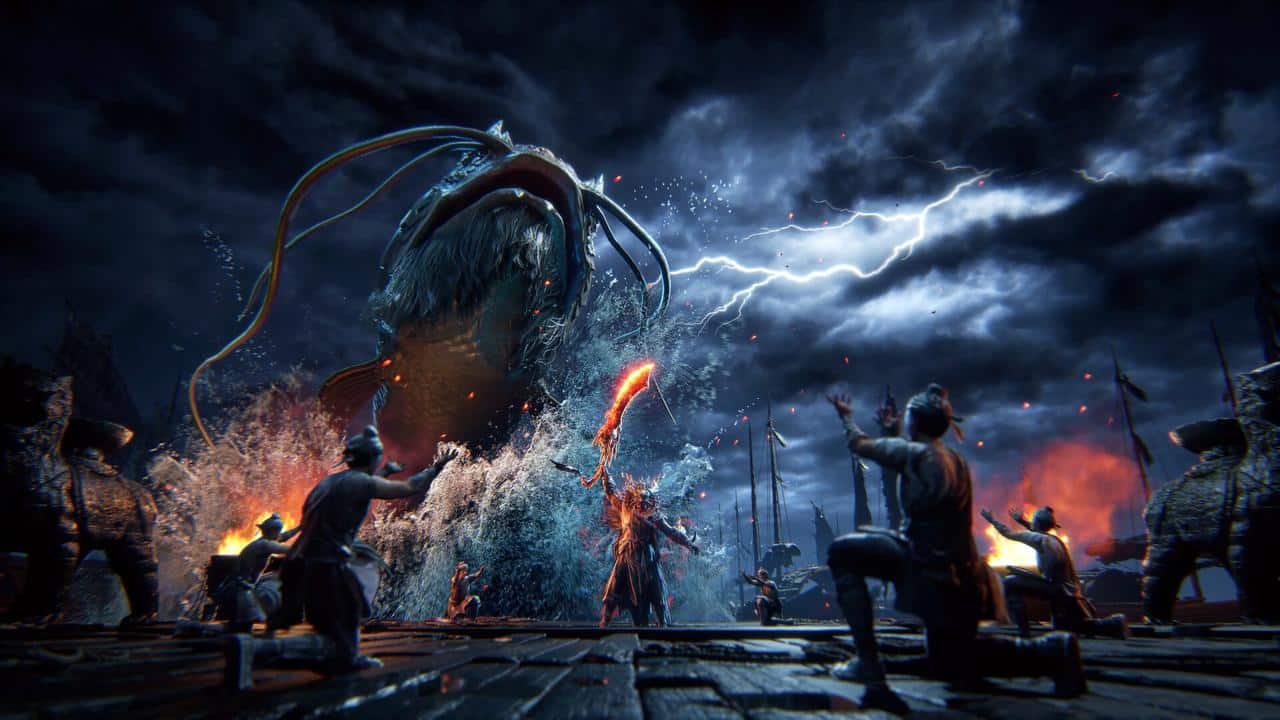 Warriors confront a giant sea dragon amid crashing waves and lightning in a dramatic, stormy battle scene where winds meet with furious intensity.
