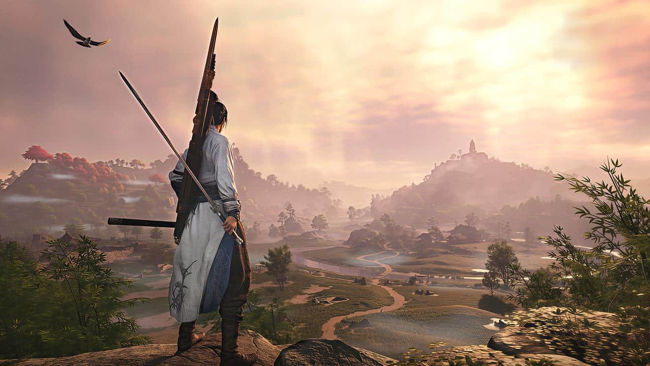 A warrior with two swords stands on a hill, overlooking a vast valley at sunrise as a bird soars above. A scene from Where Winds Meet.