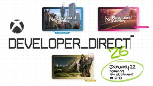 Promo for the Xbox Developer Direct January 2026 event, featuring Playground Games images and the January 22 date and time details circled.