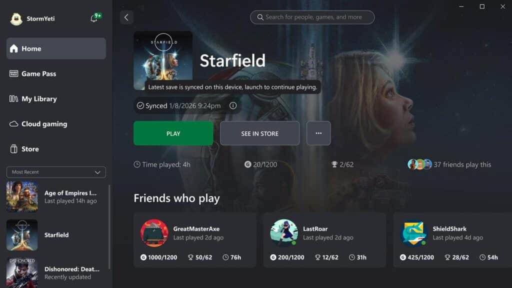 Xbox Game Pass interface showing Starfield game details, friends who play, and recent games on a dark background.