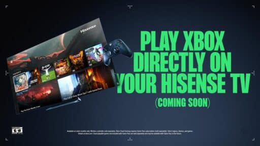 A Hisense TV and Xbox controller with text: Play Xbox directly on your Hisense TV (coming soon).