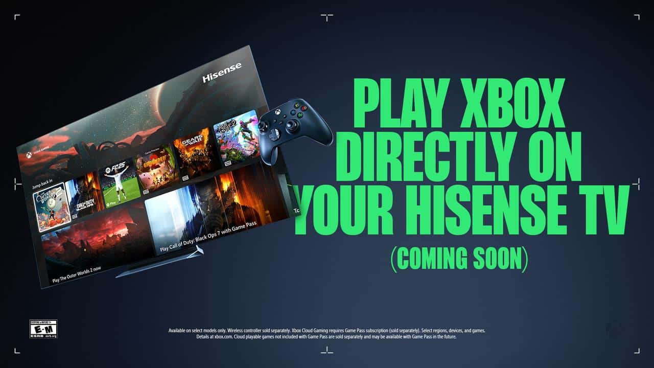 A Hisense TV and Xbox controller with text: Play Xbox directly on your Hisense TV (coming soon).