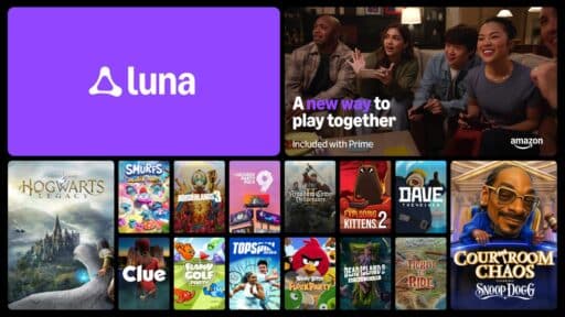 Amazon Luna game library screen showcasing various game titles, with players on a couch enjoying co-op action and highlighting the social aspect of Amazon Luna player identity.