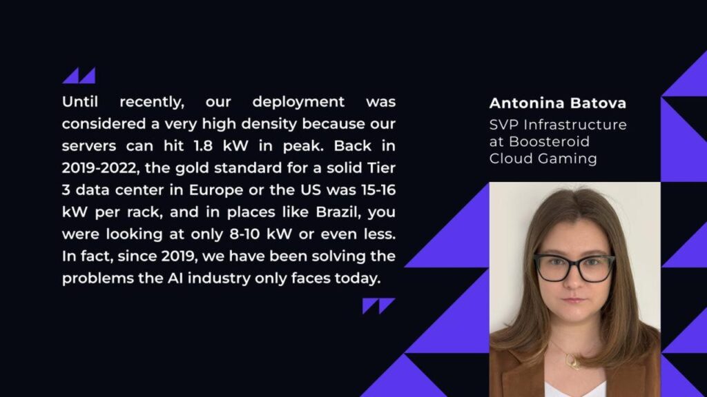 Antonina Batova, SVP of Infrastructure at Boosteroid, discussing cloud gaming infrastructure and data center power density