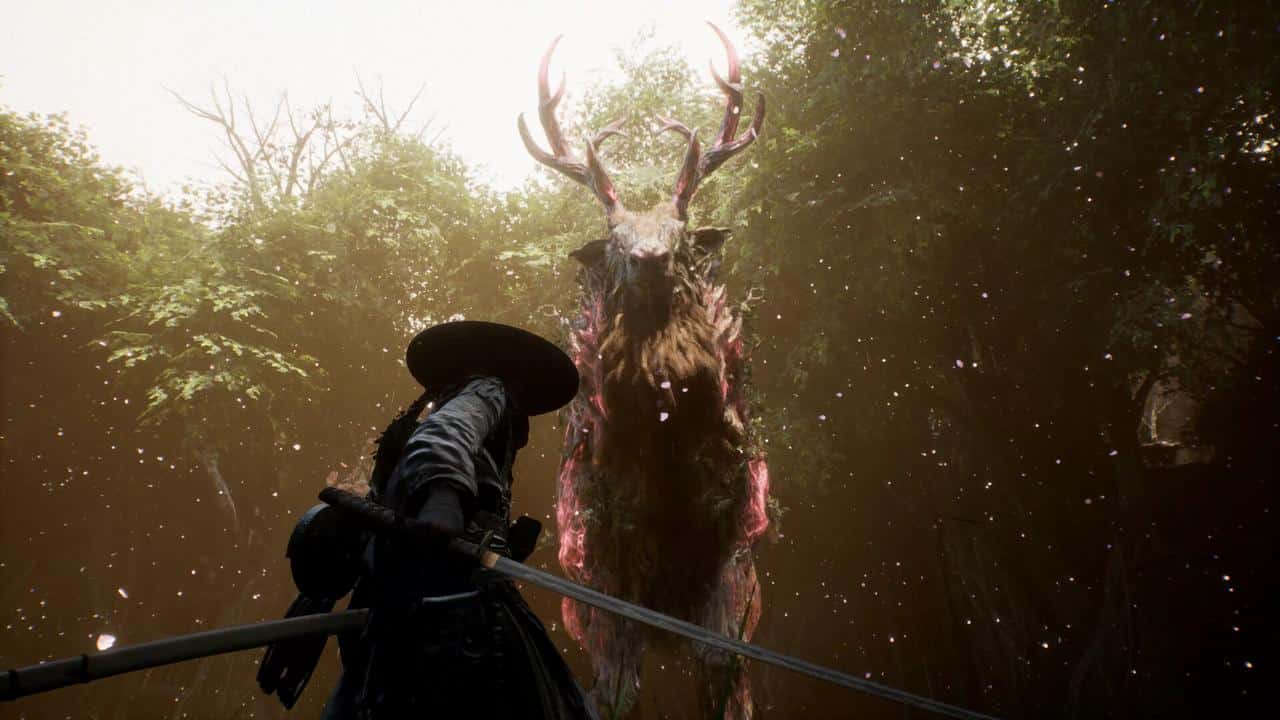 From Beat of Reincarnation, a swordsman faces a large, mystical deer-like creature in a sunlit forest clearing, evoking the fantasy worlds teased at Xbox Developer Direct January 2026.