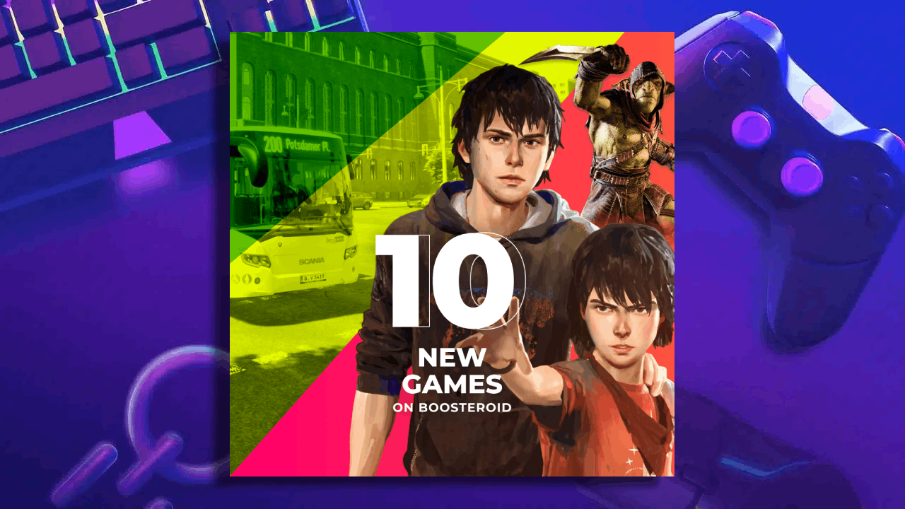 Colorful promo image with "10 New Games on Boosteroid" and two game characters in front of a bus.