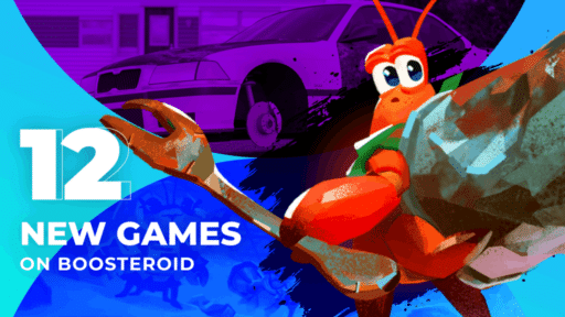 Colorful promo image with a cartoon crab, a car without wheels, and text: "12 New Games on Boosteroid.