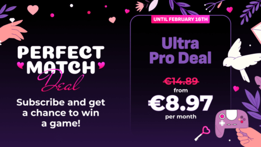 A Valentine-themed ad offers an "Ultra Pro Deal" for €8.97/month, with a chance to win a game.