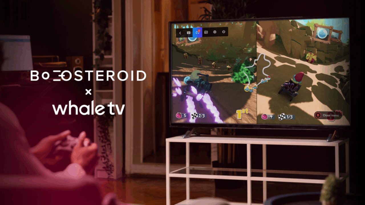A person plays a split-screen racing game on TV; Boosteroid × Whale TV logos are displayed on the left.