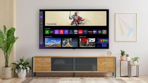 Smart TV displaying a cloud gaming interface in a living room setting