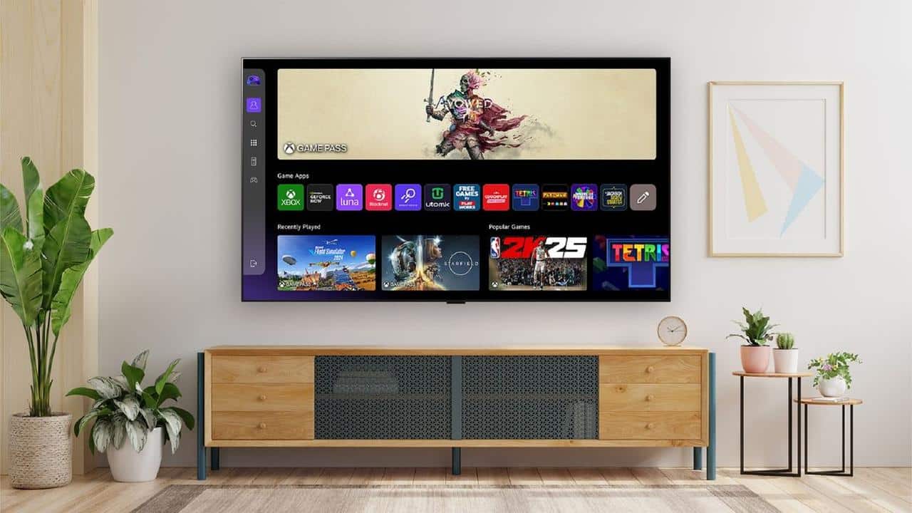 Smart TV displaying a cloud gaming interface in a living room setting
