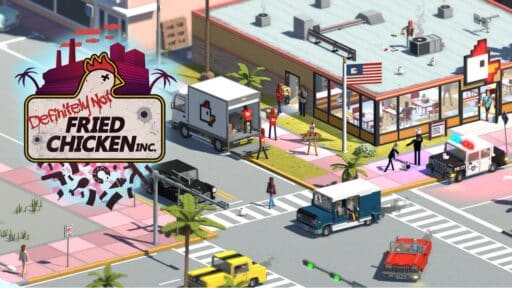Isometric cartoon city scene with a fried chicken restaurant and various vehicles and people outside in a scene from Definitely Not Fried Chicken.