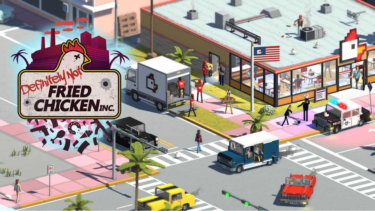 Isometric cartoon city scene with a fried chicken restaurant and various vehicles and people outside in a scene from Definitely Not Fried Chicken.