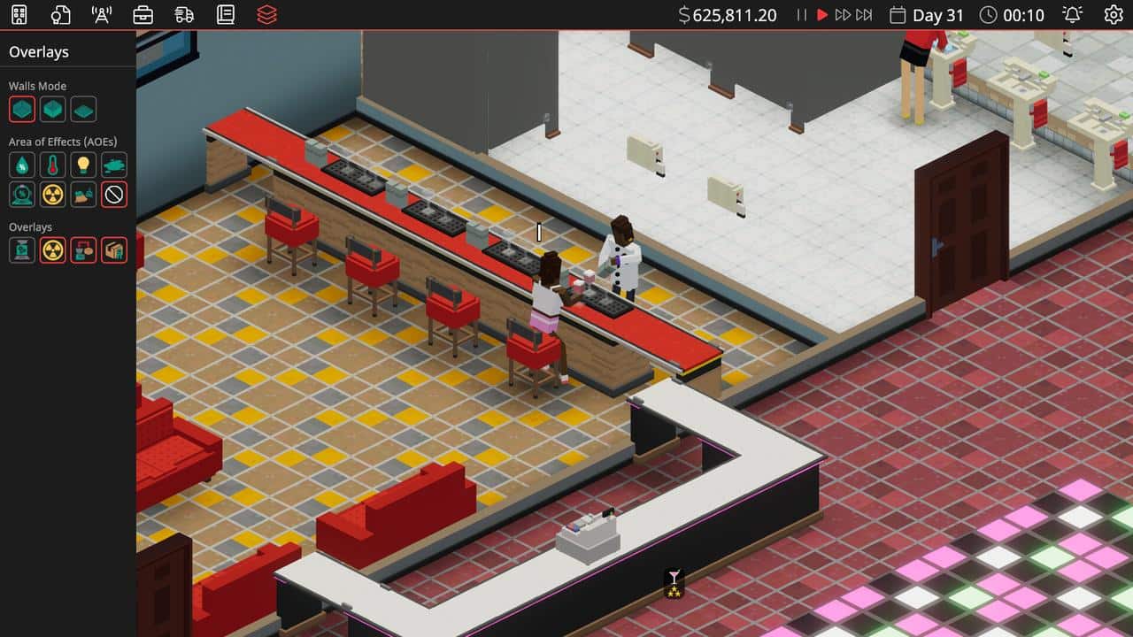 Two characters interact at a bar counter in a scene from Definitely Not Fried Chicken.