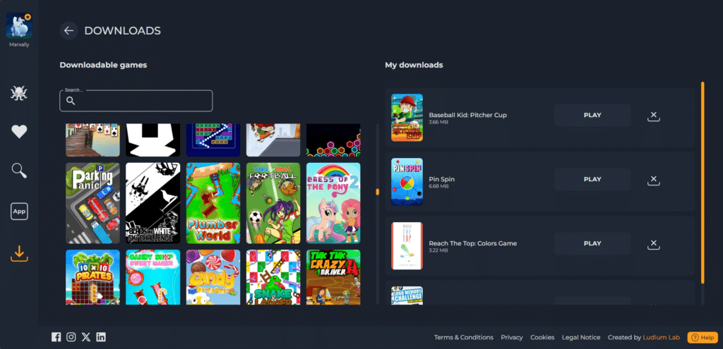 Screenshot of the Sora Stream downloadable games section, showcasing a grid of various game titles available for download, alongside a list of games in 'My downloads' with options to play or remove each title.