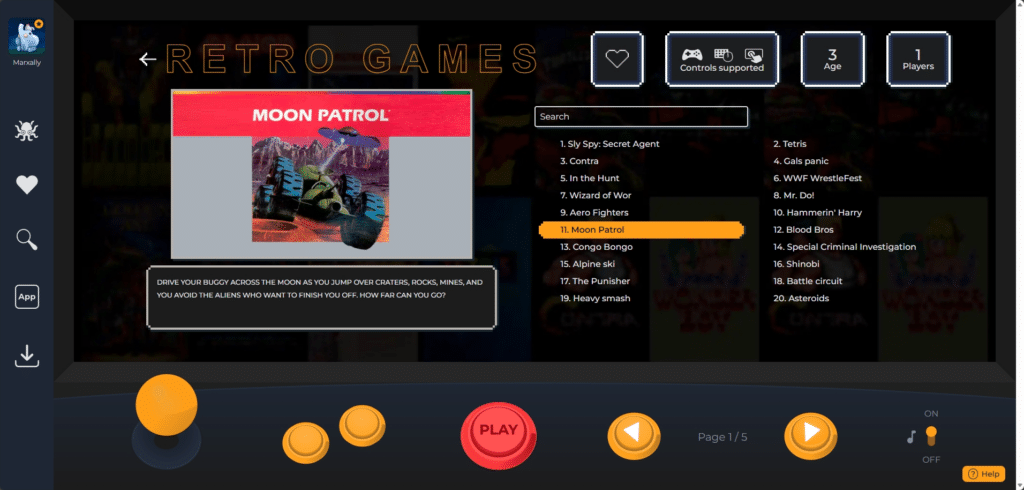 Screenshot of a retro gaming menu showcasing the game 'Moon Patrol', with descriptions and navigation controls on the screen.