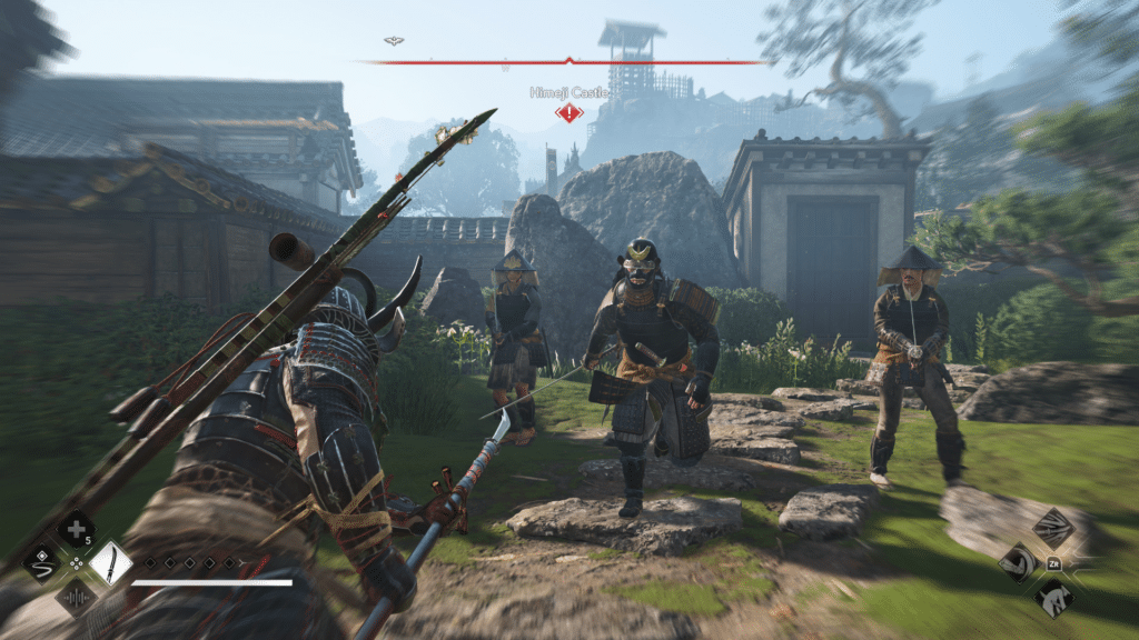 A character in a samurai outfit prepares for battle in an open-world setting, facing multiple opponents in a historic Japanese environment.