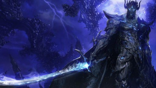 Armored dark knight wielding a glowing sword, standing amid a stormy, lightning-lit, otherworldly landscape.