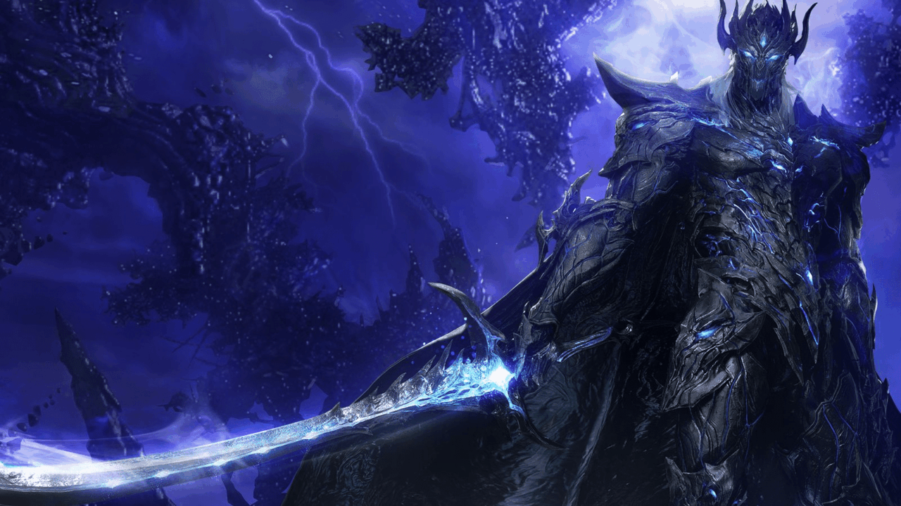 Armored dark knight wielding a glowing sword, standing amid a stormy, lightning-lit, otherworldly landscape.