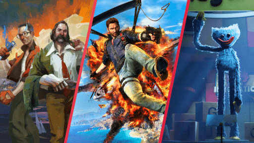 Three video game scenes: detectives with guns, an action hero with explosions, and a blue furry creature onstage.