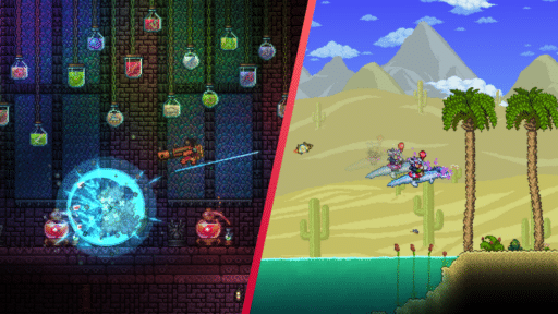 Split image: left shows magical potions and combat; right shows a character flying over a desert in Terraria.