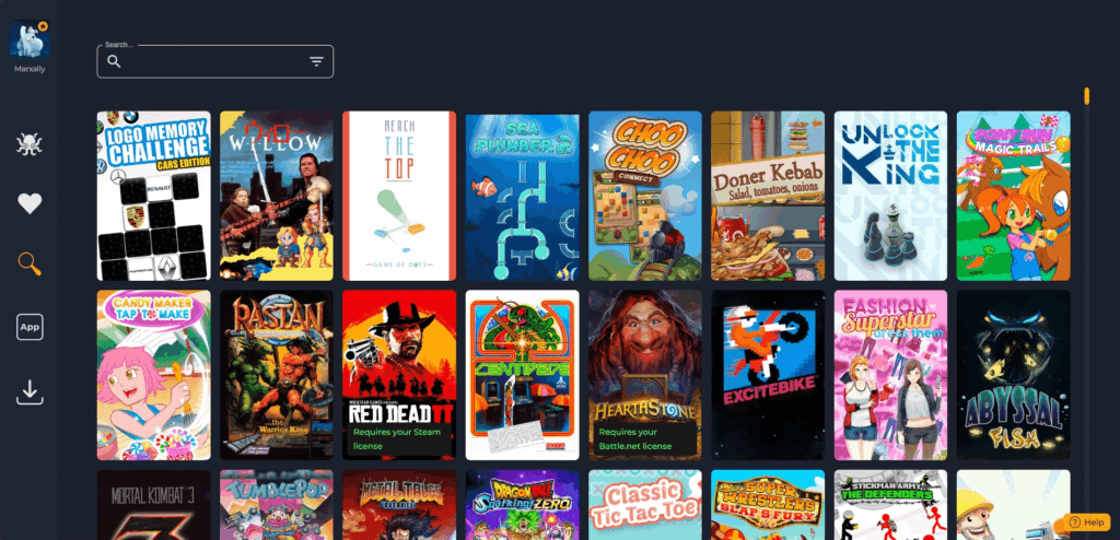 A user interface displaying a grid of various game titles in a streaming platform, showcasing indie games, retro titles, and popular options, with clear category labels and highlighted game information.
