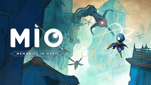 A floating robot navigates a futuristic city as mechanical arms and drones approach. Text reads "MIO Memories in Orbit.